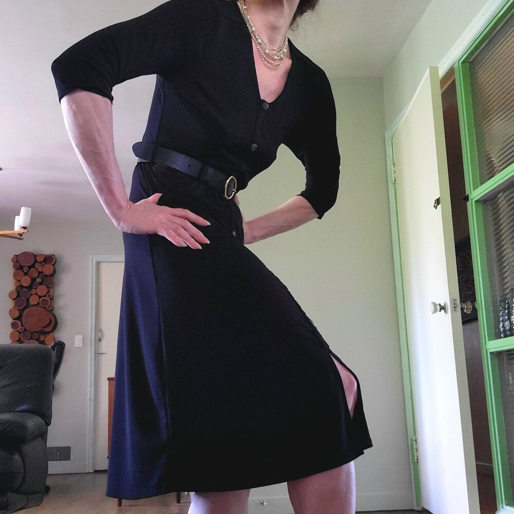 Monteau | Black V-Neck Faux Button A Line Midi Dress | L